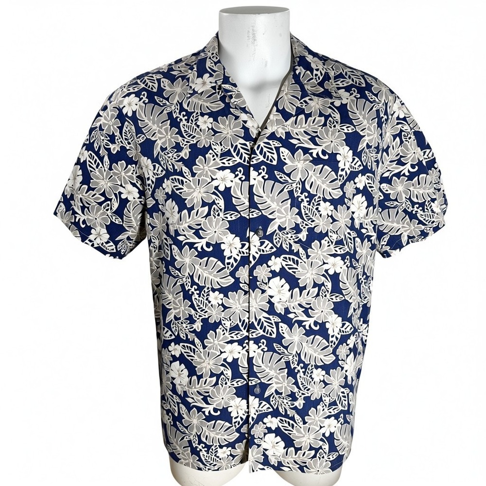Howie Hawaiian Shirt XL Floral Tropical Flowers Leaves Reverse Print Blue Tan